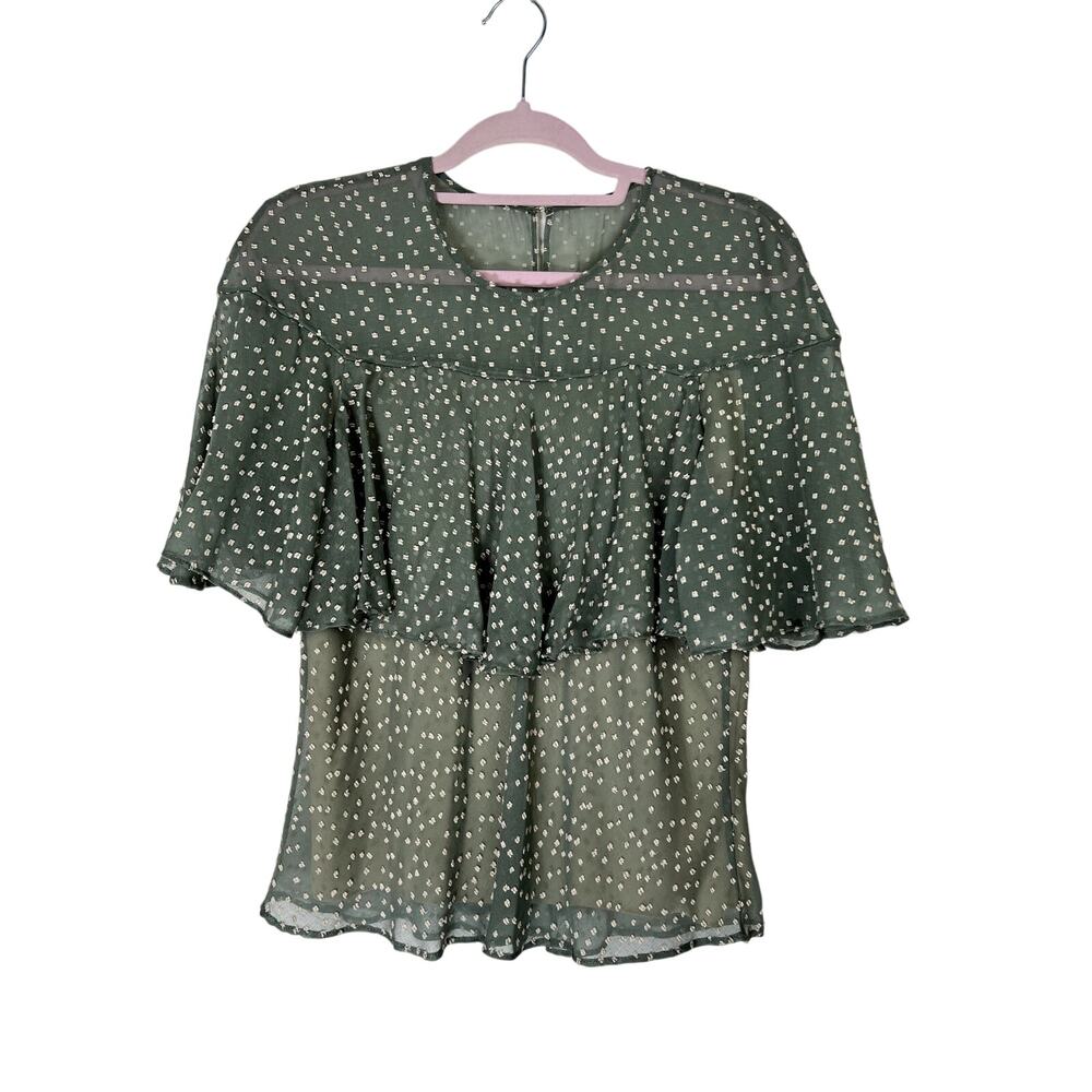 Prose & Poetry Sage Green Short Sleeves Semi Sheer Flowy Blouse Top Size S